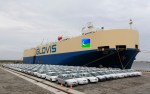 India-manufactured Hyundai cars are seen in line after unloading them off car-carrier ship at Chinese-built Hambantota port