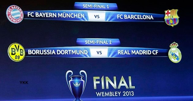 A screen shows the results of the draw for the Champions League semi-finals matches at the UEFA headquarters in Nyon