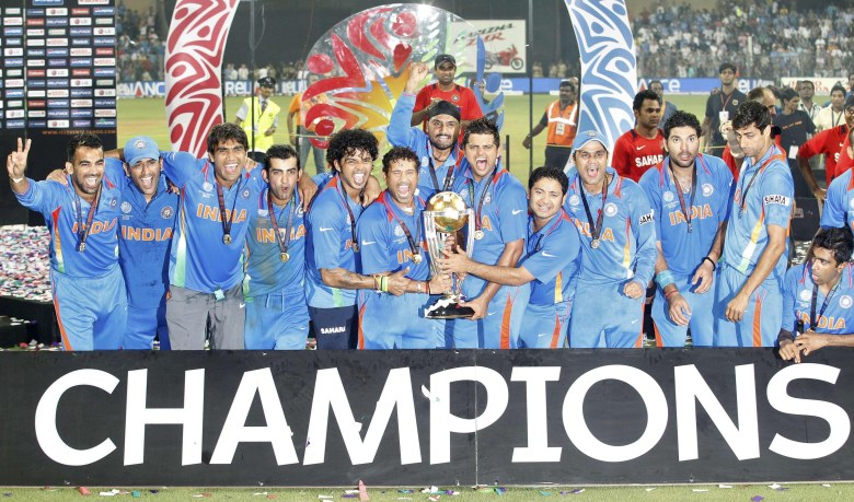 India celebrate after winning their ICC Cricket World Cup final match against Sri Lanka in Mumbai